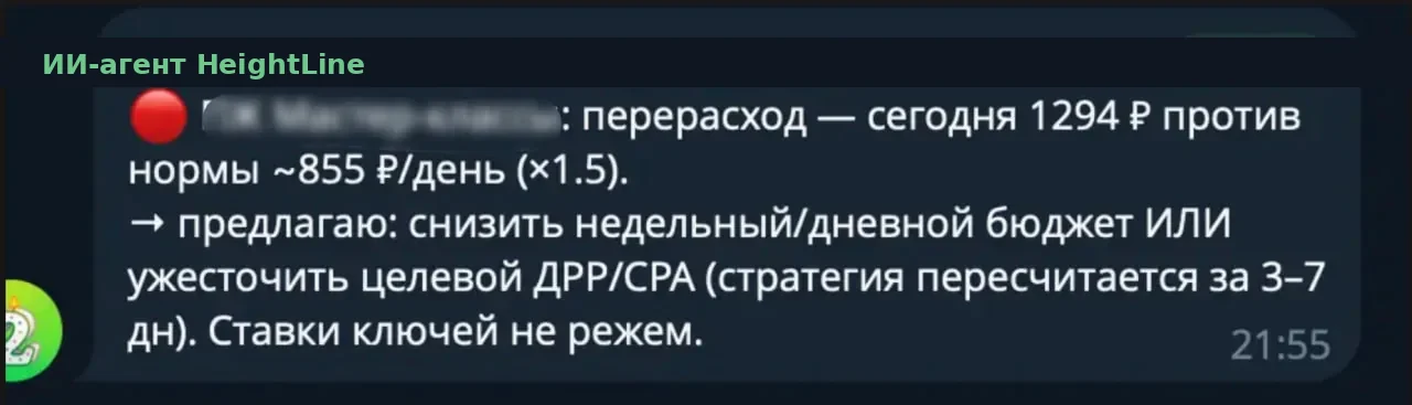 Агент нашёл перерасход в полтора раза от нормы и предложил безопасное действие вместо правки ставок