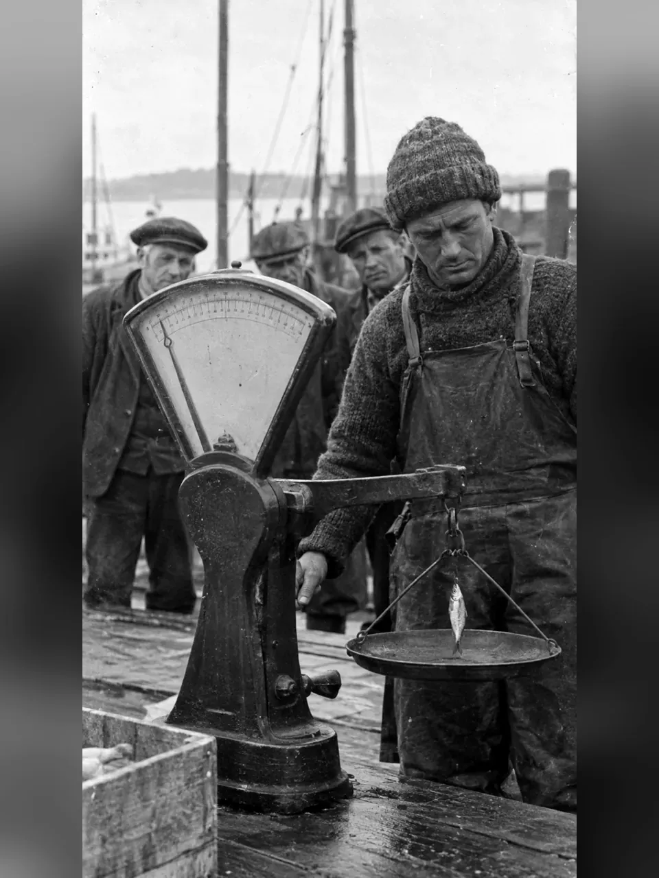 Рыбак взвешивает одну рыбку на огромных весах