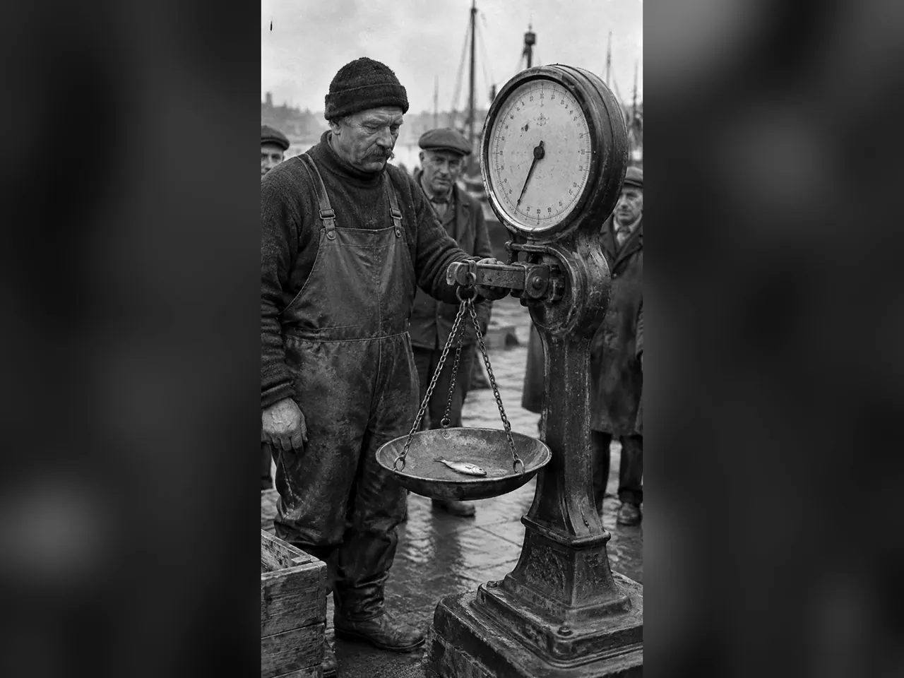 Рыбак взвешивает одну рыбку на огромных весах