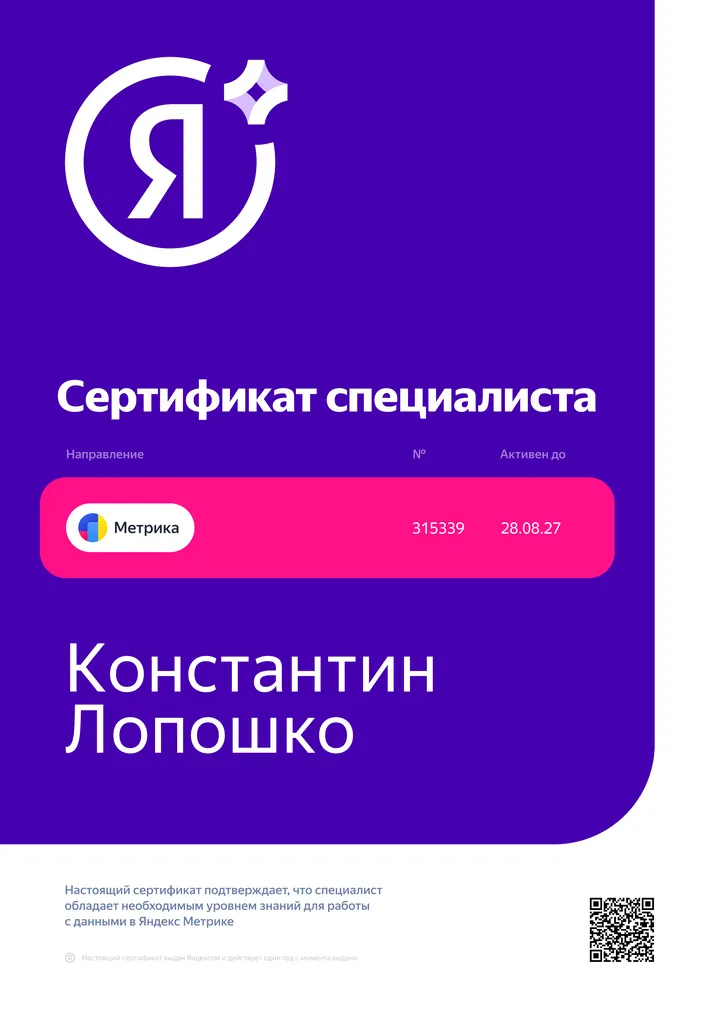 Сертификат Яндекса «Метрика» — Константин Лопошко